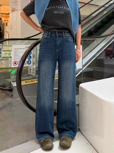 欧货2026秋新款牛仔裤女深蓝色高腰窄板阔腿裤直筒显瘦弹力拖地裤