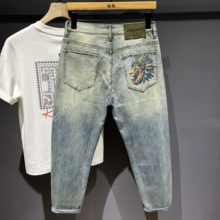 9分裤 潮牌印花弹力小脚牛仔裤 新款 男2026春季 浅色水洗锥形九分裤