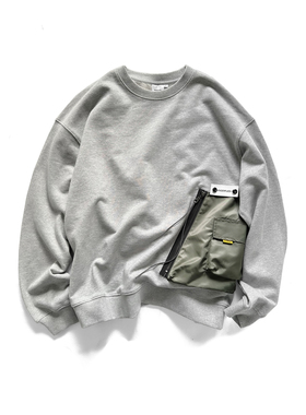 WINDERFLIES 25SS/原创设计拼接圆领毛圈卫衣套头男士多口袋上衣