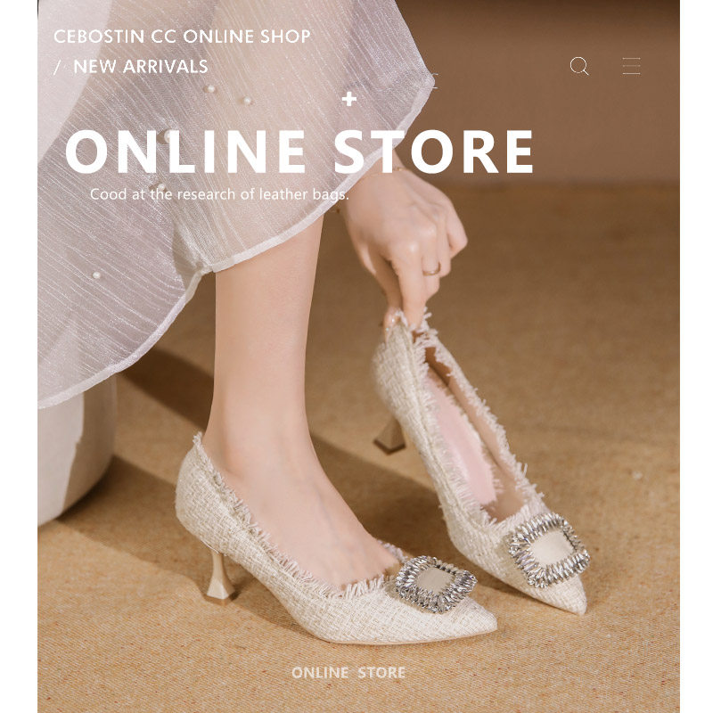 高跟鞋细跟7CM春季新款金属扣小香风女鞋法式婚鞋白色尖头5CM单鞋,女鞋,浅口单鞋,淘宝优惠券,粉丝福利购,淘宝优惠卷