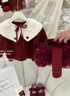 【咸柠七】原创！女童新年战袍年服红色毛衣蛋糕裙tutu裙两件套