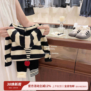 【咸柠七】原创！女童韩系秋冬条纹连帽毛衣开衫针织衫百搭打底裤