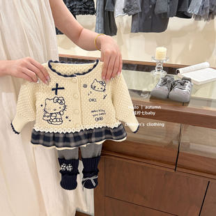 【咸柠七】原创!女宝毛衣秋季kt猫花边针织开衫女童甜美上衣外套