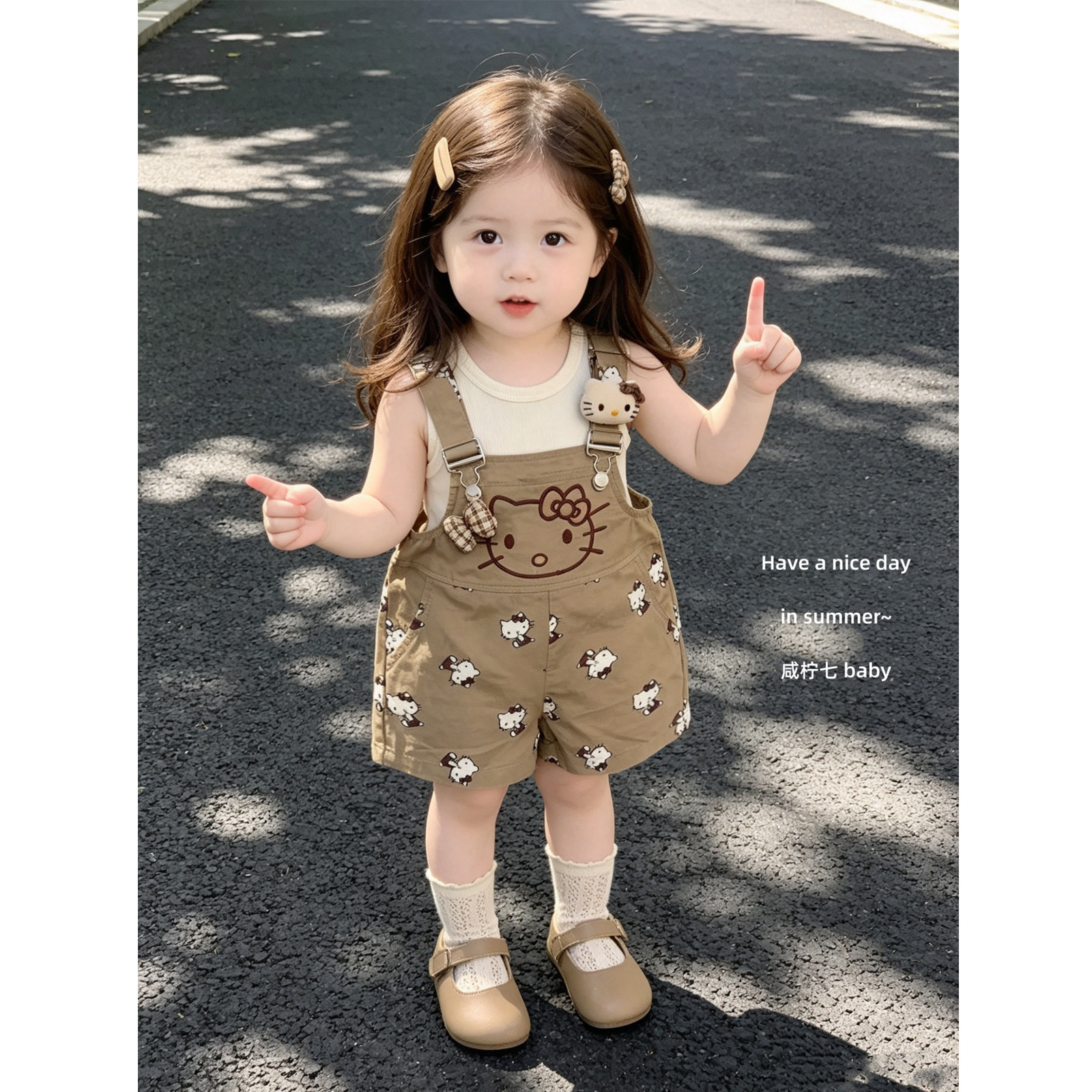 【咸柠七】女童洋气套装夏装小童可爱kt猫背带裤女宝宝时髦两件套
