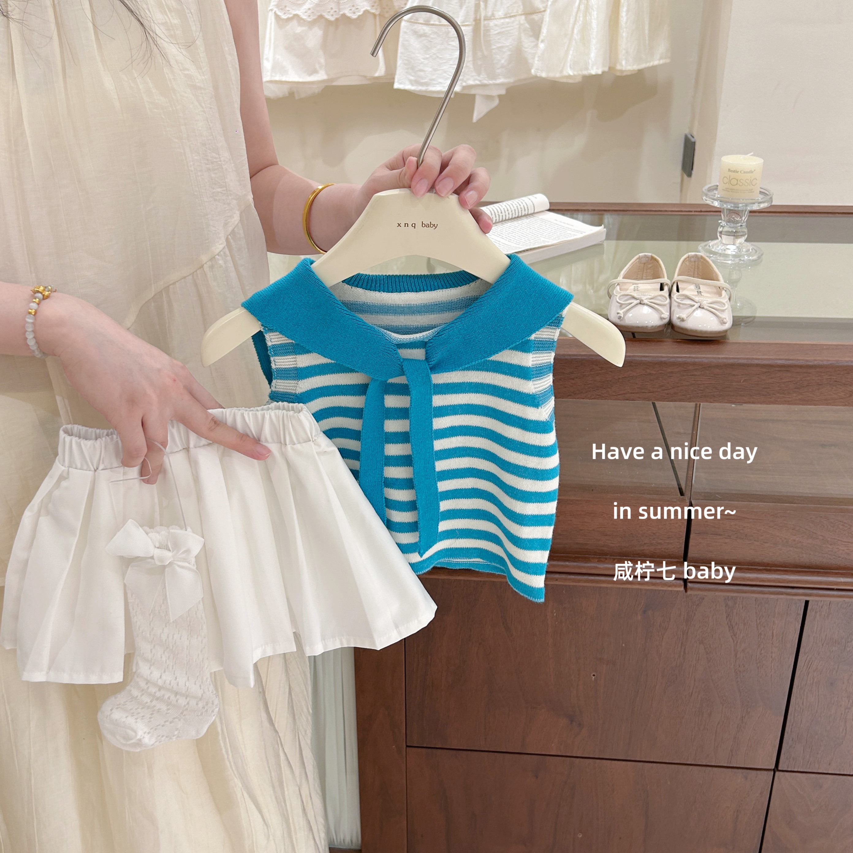 【咸柠七】显白天菜！女童针织条纹披肩无袖背心h韩版百褶裙套装