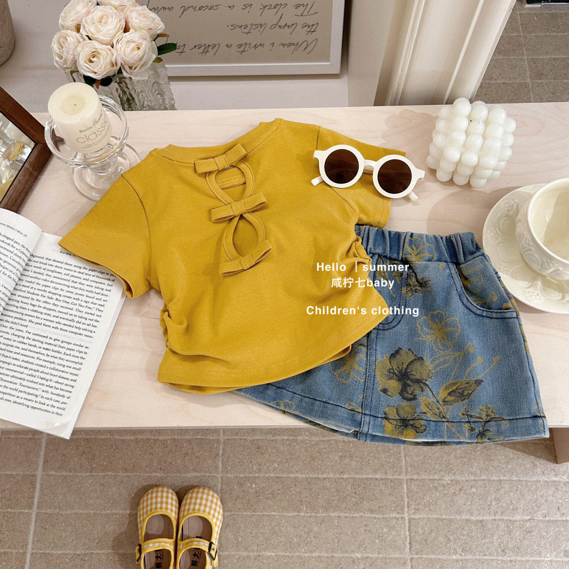 【咸柠七】女童夏季套装新款韩版儿童短袖T恤牛仔半身裙两件套