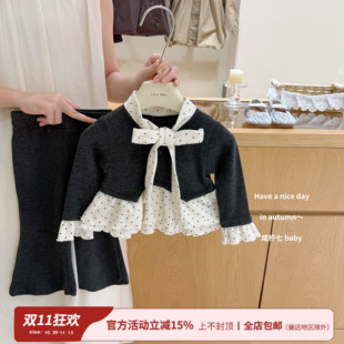 【咸柠七】小香女孩！女童套装秋季新款长袖波点上衣喇叭裤两件套