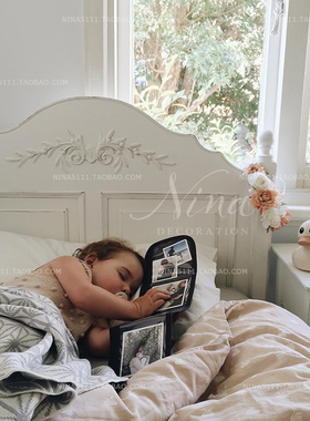 Nina复古家居出口卡洛琳法式古典雕花灰色描白典雅复古曲线双人床