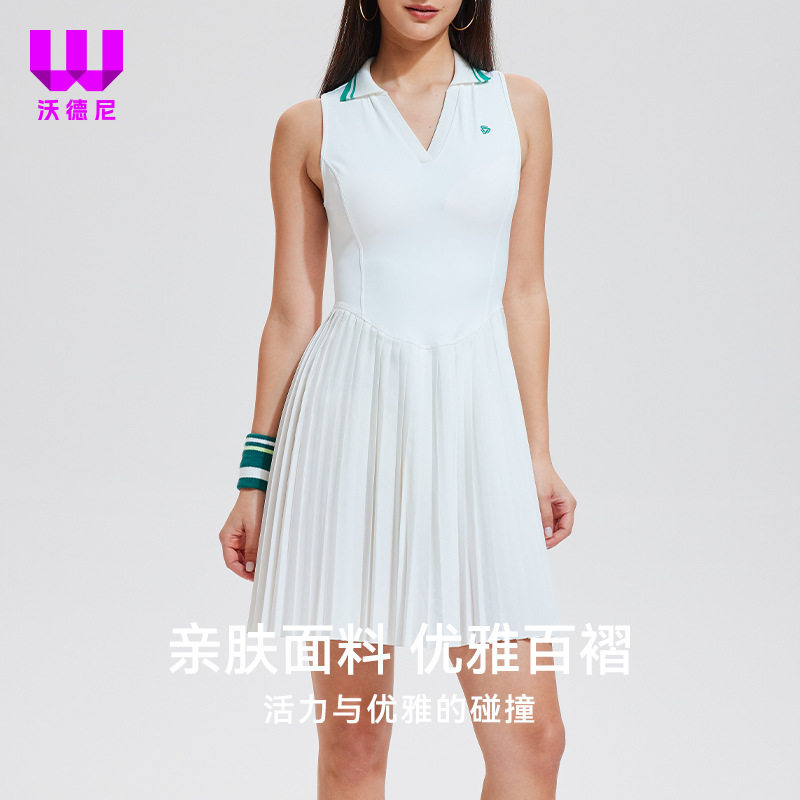 高尔夫羽毛球网球连衣裙小V领女装收腰修身百褶健身操速干运动服