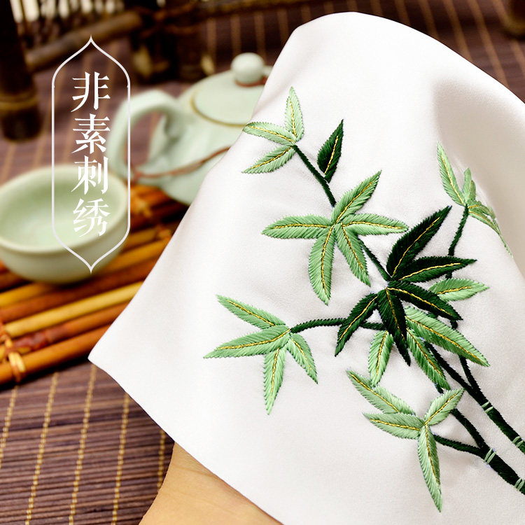 非素《右传》原创设计苏绣竹子手帕 双层单面绣真丝丝帕刺绣丝巾