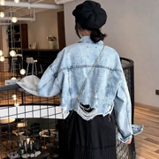 Phiên bản Hàn Quốc của retro thêu hoa sinh viên ánh sáng hoang dã phần ngắn quần áo denim nữ áo khoác cardigan mỏng mỏng