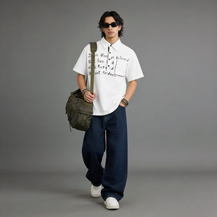 字母印花设计感小众休闲上衣 男夏季 FAITH复古风印花短袖 POLO衫