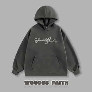 FAITH美式 复古字母印花连帽卫衣男潮牌重磅450G宽松休闲套头衫