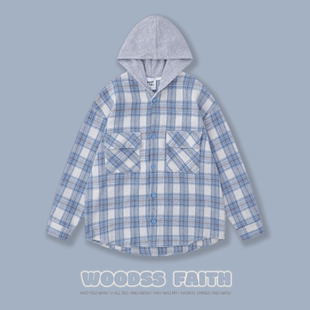 新款 男女春秋季 小众拼布INS衬衣外套 假两件格子连帽衬衫 Faith美式