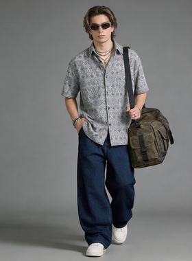 FAITH复古百搭印花格子短袖衬衫男休闲翻领老钱风潮流男装上衣