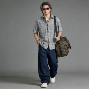 上衣 男休闲翻领老钱风潮流男装 FAITH复古百搭印花格子短袖 衬衫