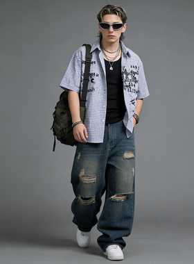 FAITH美式复古格子短袖衬衫男夏季字母涂鸦印花翻领宽松半袖衬衣