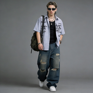 字母涂鸦印花翻领宽松半袖 FAITH美式 男夏季 衬衫 衬衣 复古格子短袖