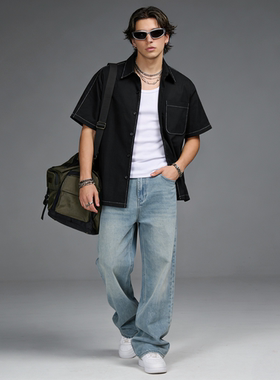 FAITH复古潮流高街明缉线工装风短袖衬衫男夏季宽松休闲翻领衬衣