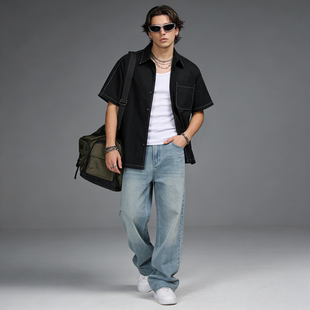 男夏季 衬衫 宽松休闲翻领衬衣 风短袖 FAITH复古潮流高街明缉线工装