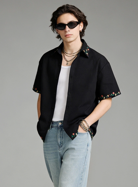 FAITH夏季日系百搭工装风短袖衬衫男宽松刺绣翻领高级感复古衬衣