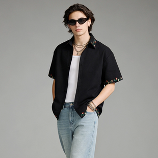 衬衫 风短袖 男宽松刺绣翻领高级感复古衬衣 日系百搭工装 FAITH夏季