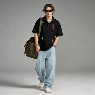 FAITH小众创意泼墨刺绣短袖 男宽松翻领潮牌百搭休闲上衣 Polo衫