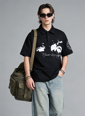 FAITH百搭夏季时尚翻领POLO衫男短袖印花字母白色潮流半袖上衣