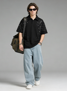 FAITH复古潮流百搭痞帅四角金属POLO衫男短袖翻领高级感夏季上衣