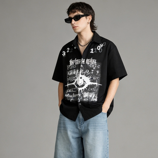 FAITH美式复古亚文化数字印花短袖衬衫暗黑风男款宽松古巴领衬衣