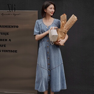 雪歌2025夏季新款水洗牛仔设计收腰设计短袖连衣裙女XK204066A219