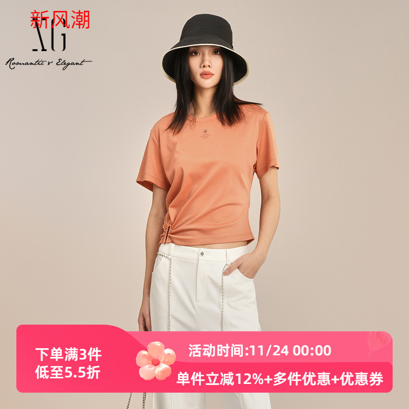 XG/雪歌2025夏季新款褶皱收腰显瘦圆领短袖T恤女上衣XK201029A533