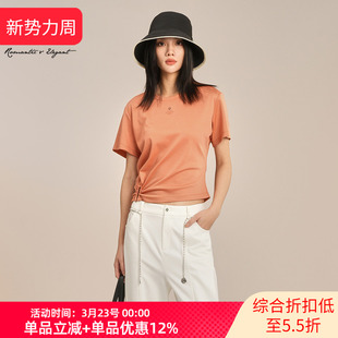 新款 褶皱收腰显瘦圆领短袖 T恤女上衣XK201029A533 雪歌2025夏季