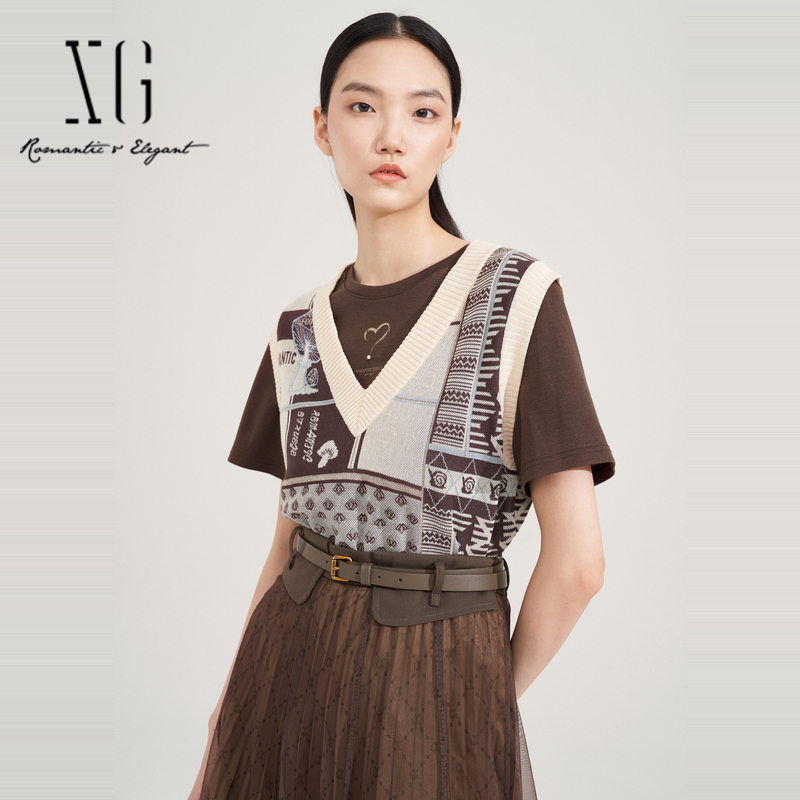 无袖毛衫XG/雪歌套头v领