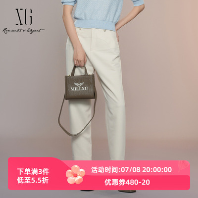 XG雪歌2025秋新款白色高腰显瘦休闲裤女通勤直筒长裤XK302022A191