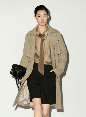 XG/雪歌26春款英伦风大翻领卡其色中长款风衣外套女XL108005A209