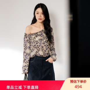 XG雪歌复古花色雪纺衬衫女宽松遮肉气质露肩长袖衬衣XL321001B493