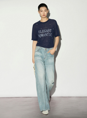 XG/雪歌26夏字母印花短袖针织衫女薄款宽松凉感上衣XM211525A828