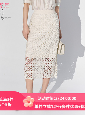 XG雪歌镂空钩花白色直筒半身裙女2025夏新款中长裙子XK203015A791