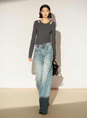 XG/雪歌26春新款假两件长袖T恤女圆领打底衫修身上衣XL101011A484