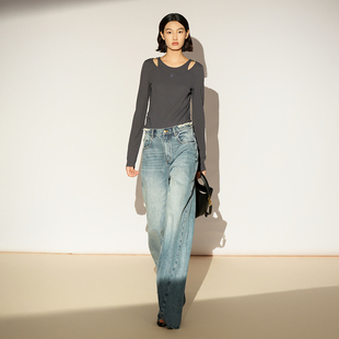 XG/雪歌26春新款假两件长袖T恤女圆领打底衫修身上衣XL101011A484