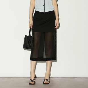 XG雪歌2026夏黑色网纱拼接半身裙性感直筒中长裙子女XL203009A290