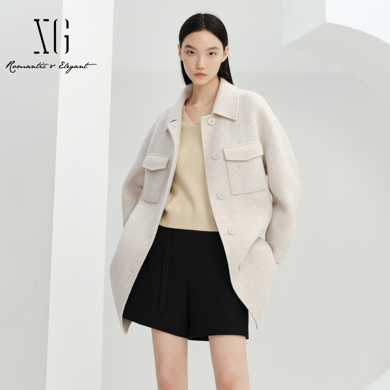 xg雪歌专柜新款双面呢大衣女2023冬季休闲毛呢外套XI410045A991