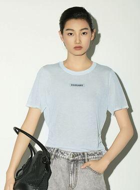 XG/雪歌26夏新款蓝色圆领短袖针织衫女薄款套头毛衣XL211011A620