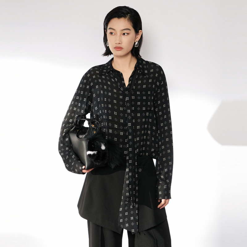 XG雪歌黑色满印桑蚕丝绑带长袖衬衫2026冬季新款女装XL421009B194图片
