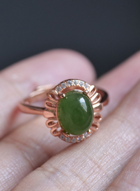 天然和田玉俄料碧玉阳绿s925银玫瑰金金镶戒指生日礼物8z