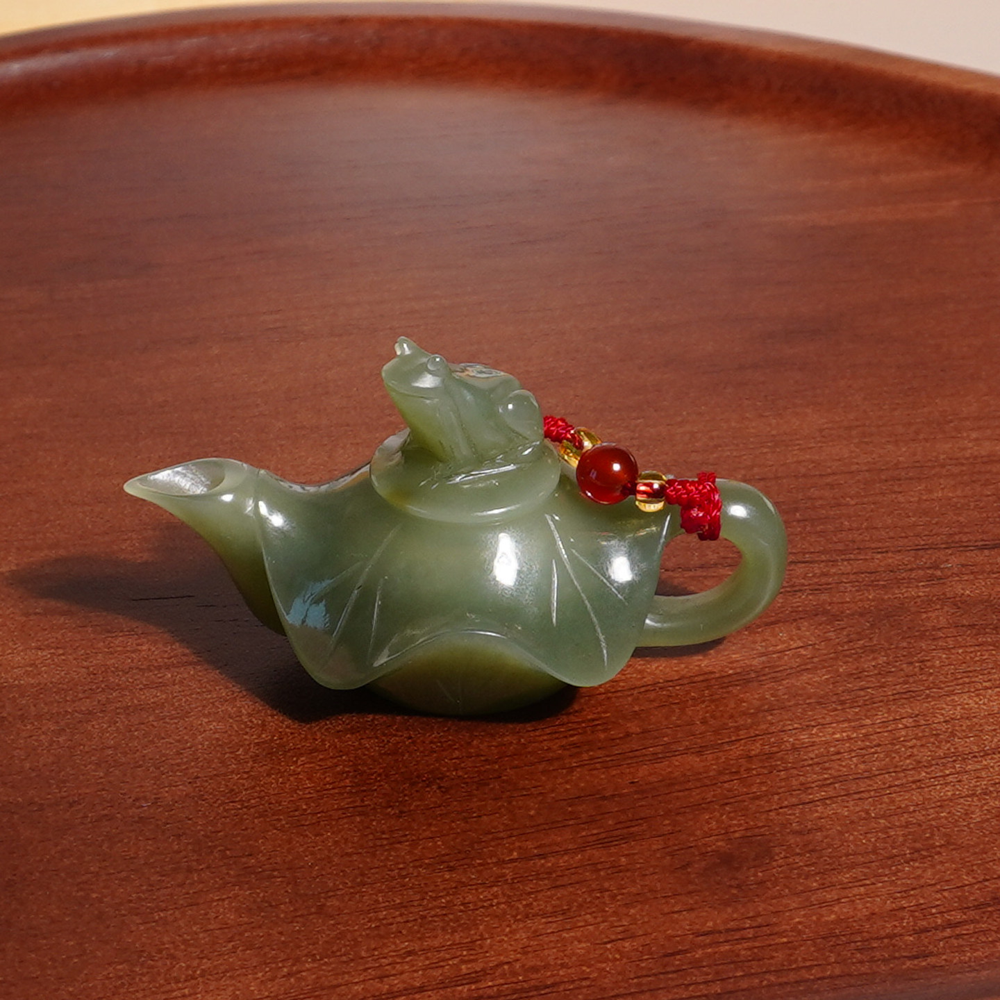 天然和田玉湖水绿荷叶把把壶手把件巧雕青蛙莲蓬小茶壶随身把玩件
