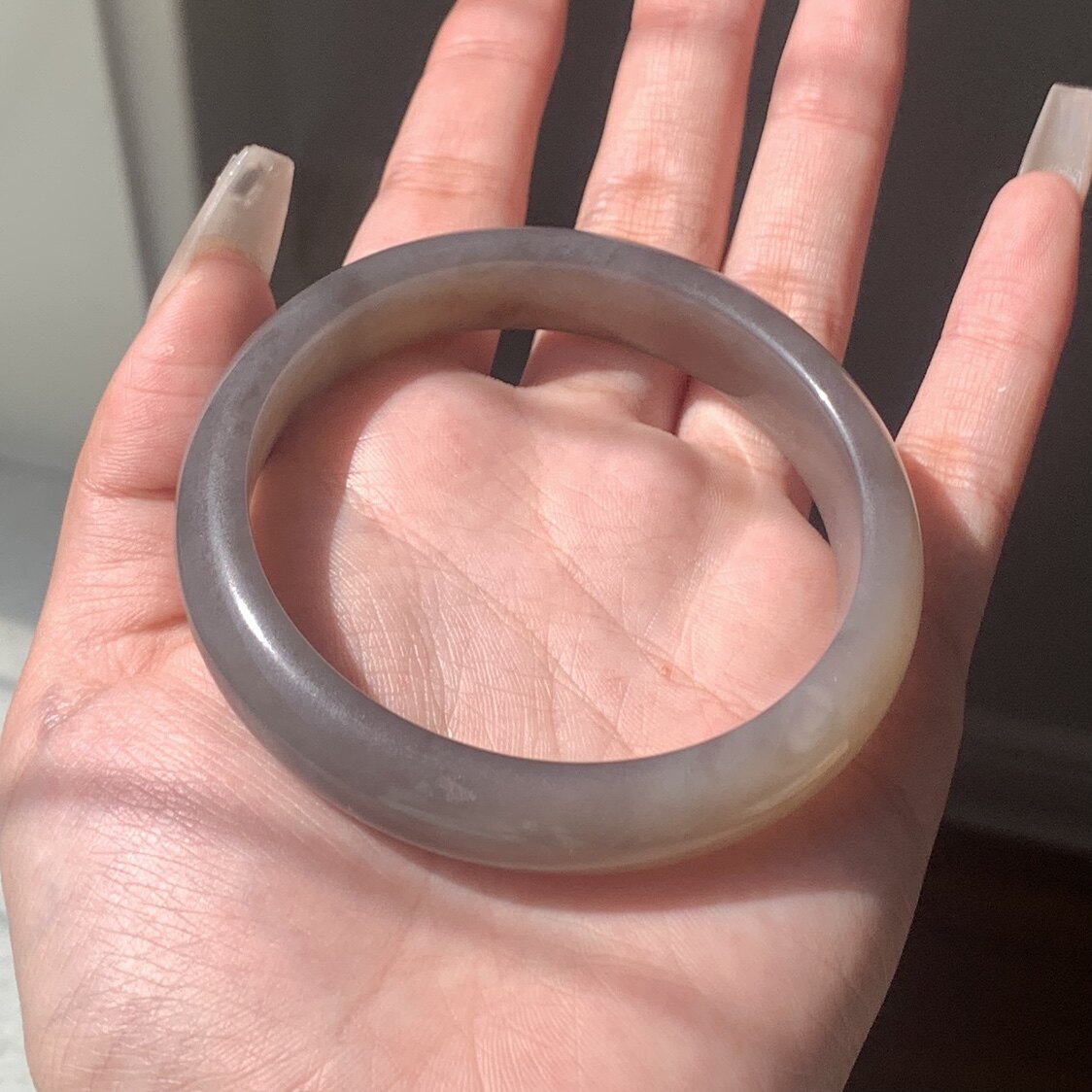 56圈口天然和田玉青海料烟青玉紫罗兰手镯44.2克