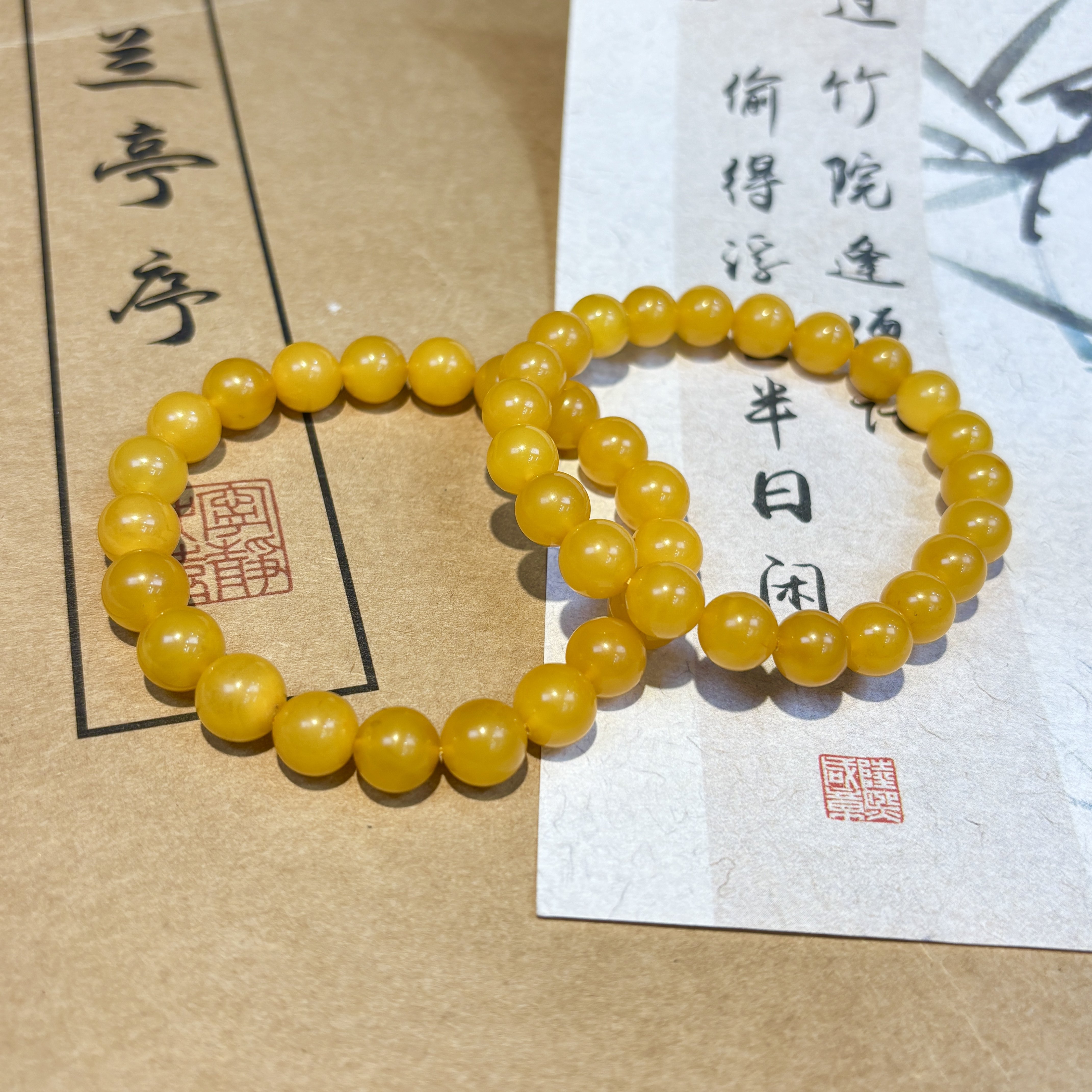 老俄料 满密 老鸡油黄老蜜蜡单圈手串