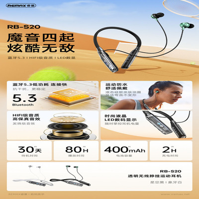 Remax/睿量 RB-S20透明脖挂无线蓝牙5.3运动耳机数显大容量耳机